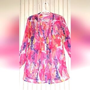Soft Surroundings Tunic Top Button Long Sleeve Sheer Colorful Bright Artsy XS